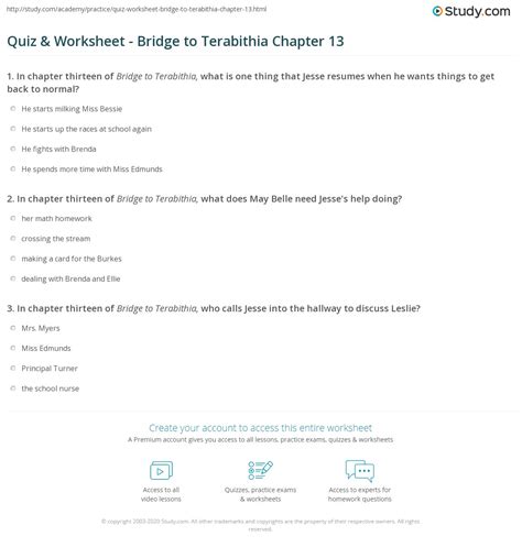 Bridge to Terabithia Chapters 12-13 Mrs. . Bridge to terabithia quiz chapters 13